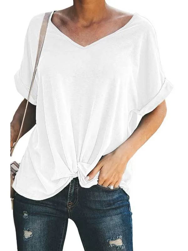 Casual V Neck Rolled Short Sleeve Twist T-Shirt