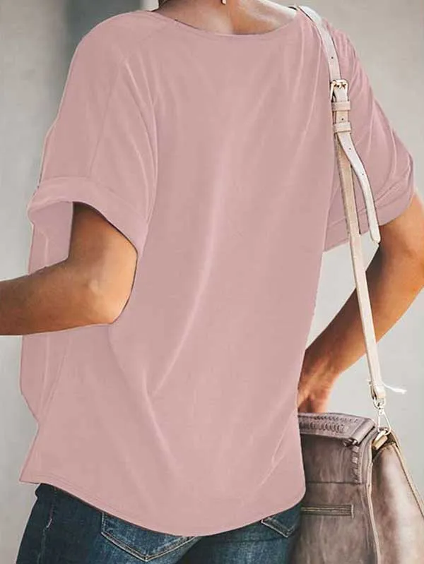 Casual V Neck Rolled Short Sleeve Twist T-Shirt
