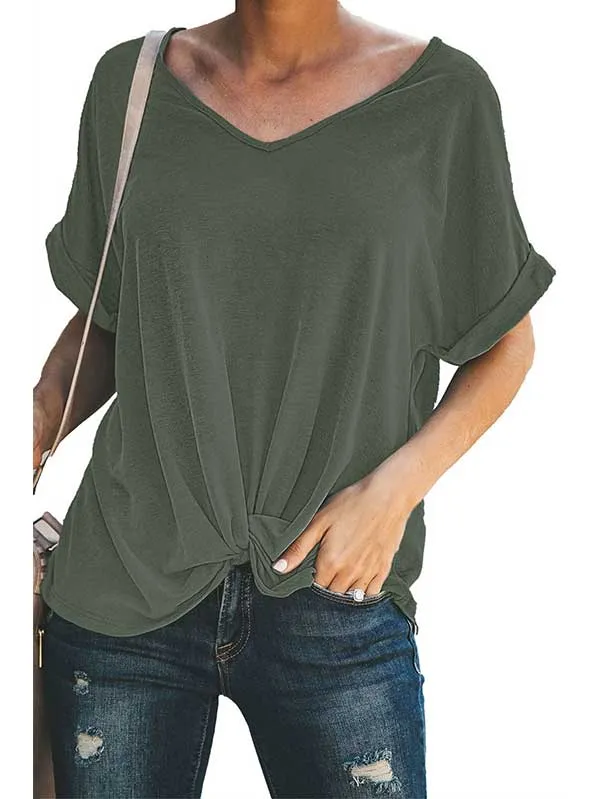 Casual V Neck Rolled Short Sleeve Twist T-Shirt