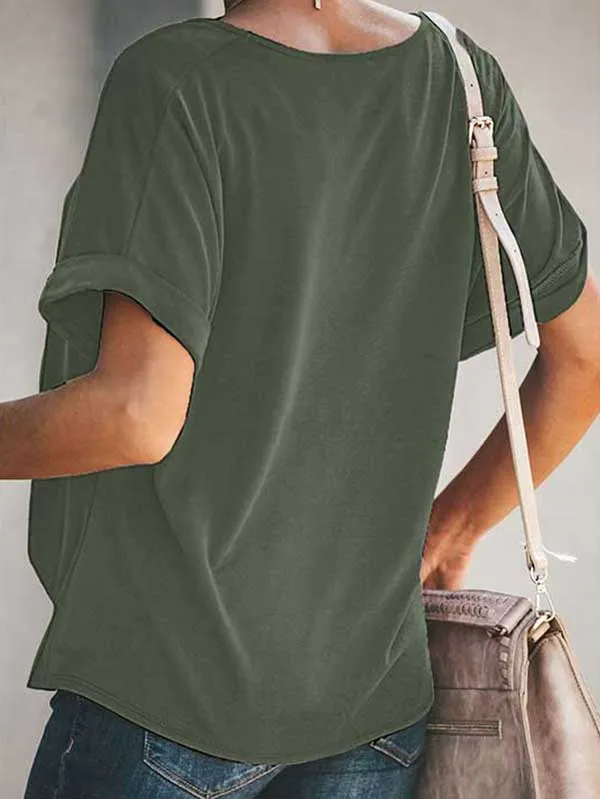 Casual V Neck Rolled Short Sleeve Twist T-Shirt