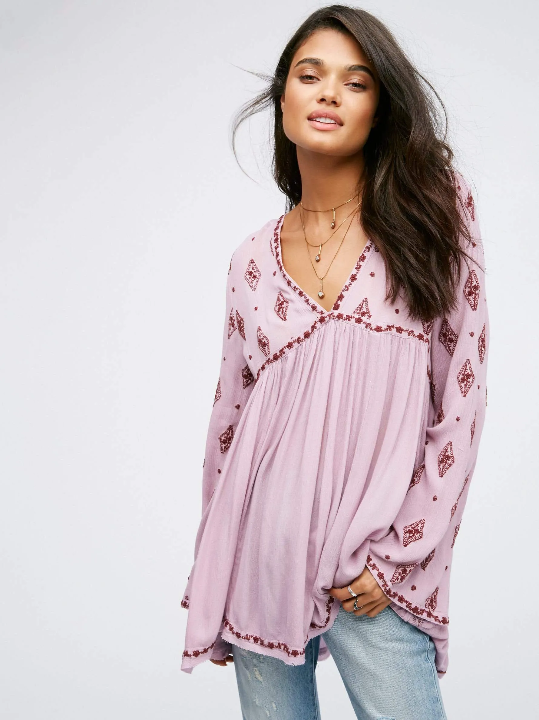 Chic Flared Boho Blouse in Light Pink