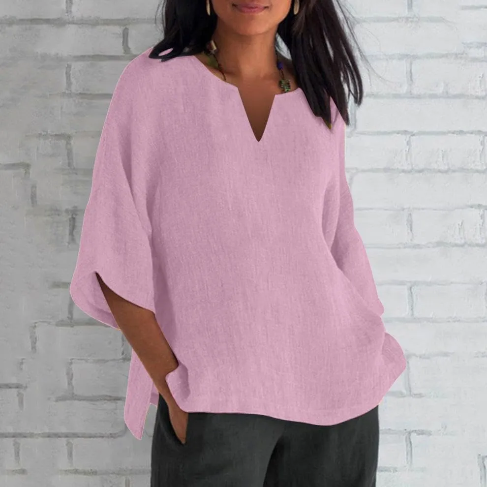 Cotton Linen Top for Women Summer 3/4 Sleeve Shirts Loose Fit Round Neck Dress T-Shirts 2025 Casual Blouses Tops Tees
