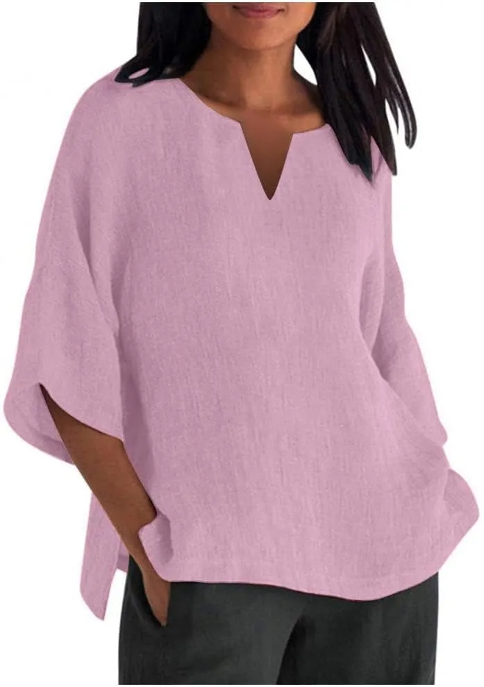 Cotton Linen Top for Women Summer 3/4 Sleeve Shirts Loose Fit Round Neck Dress T-Shirts 2025 Casual Blouses Tops Tees