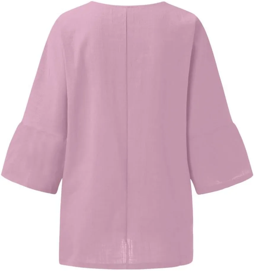 Cotton Linen Top for Women Summer 3/4 Sleeve Shirts Loose Fit Round Neck Dress T-Shirts 2025 Casual Blouses Tops Tees