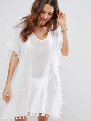 Crewneck chiffon fringed dress loose fit beach blouse