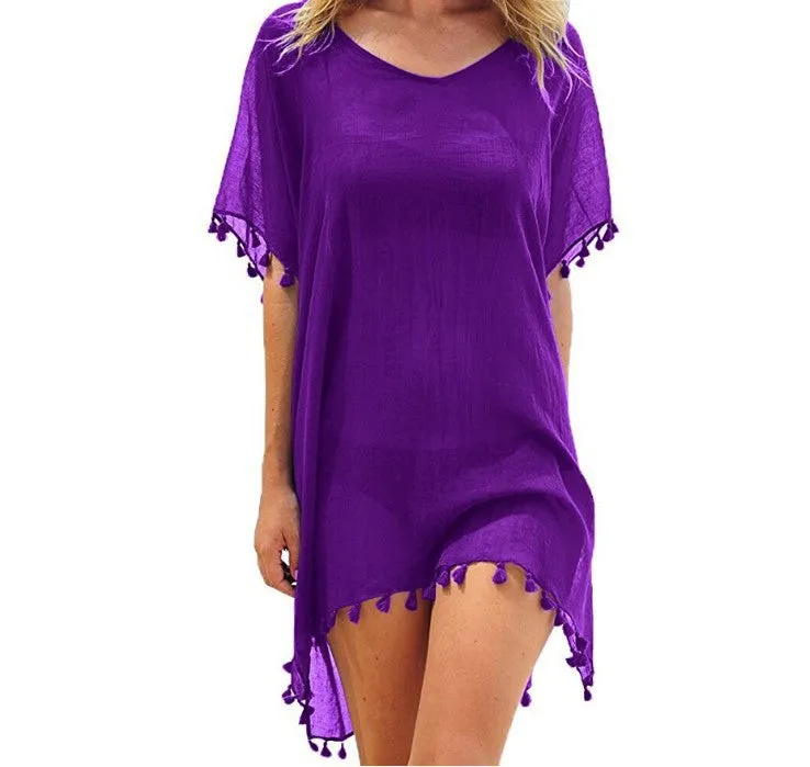 Crewneck chiffon fringed dress loose fit beach blouse