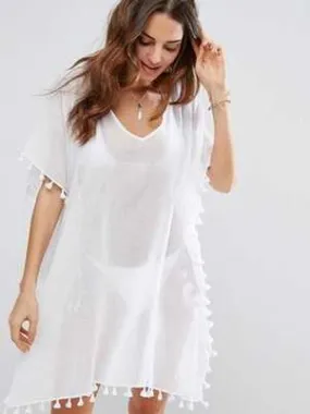 Crewneck chiffon fringed dress loose fit beach blouse