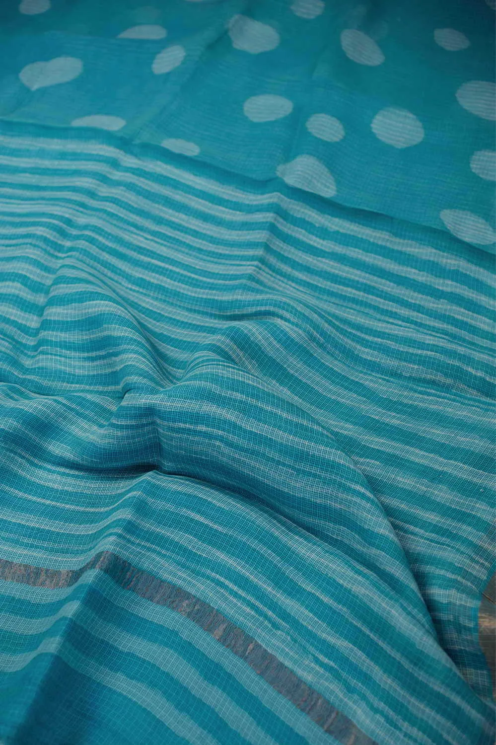 Cyan Blue Block Printed Kota Silk saree