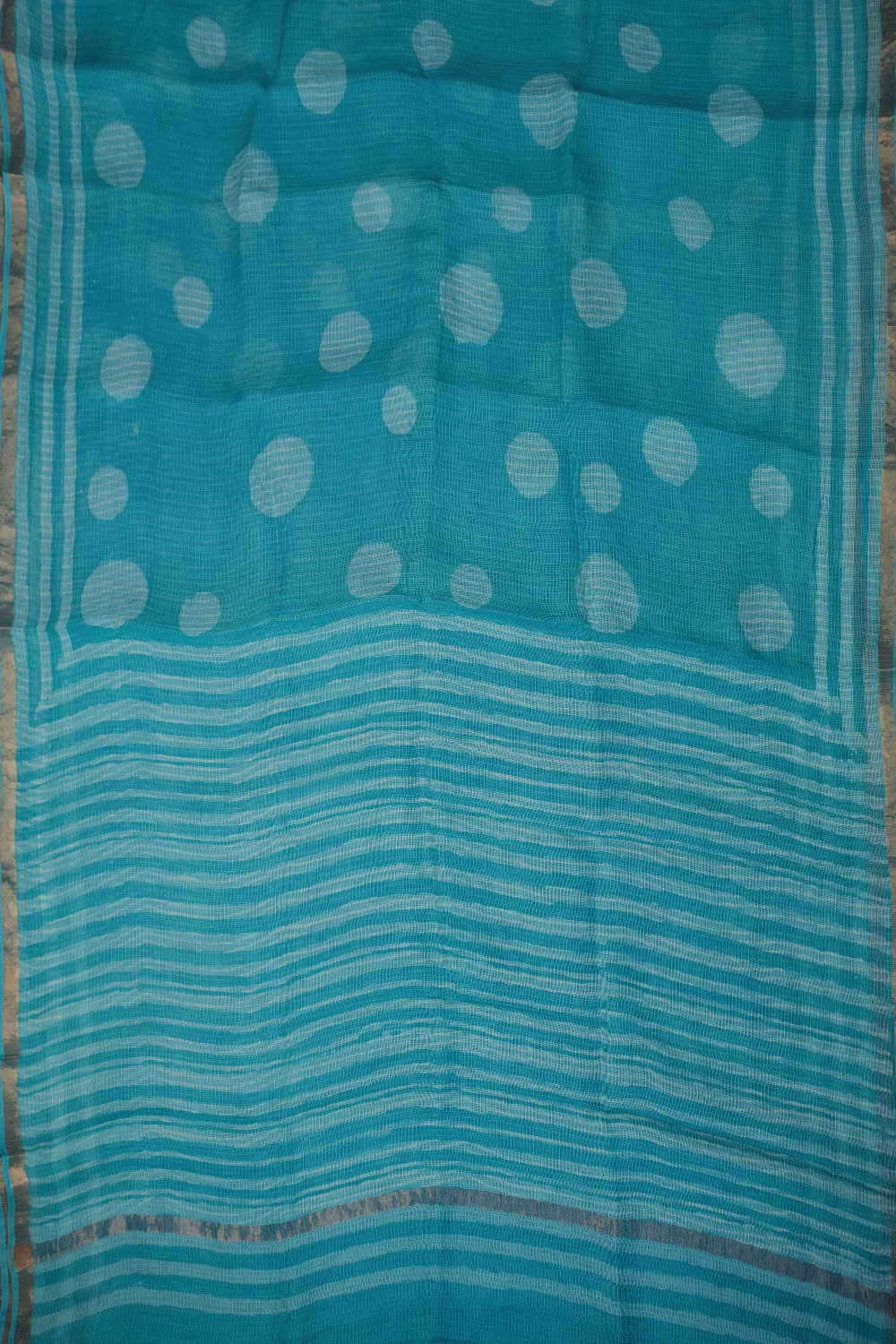 Cyan Blue Block Printed Kota Silk saree