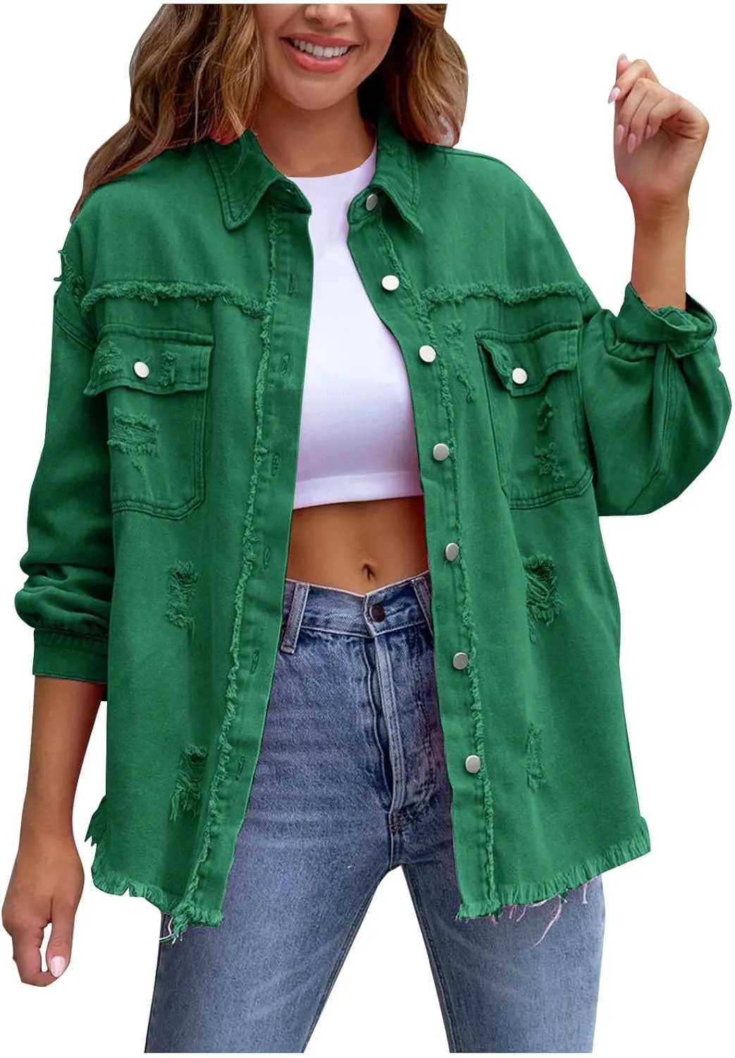 Denim Jacket for Women Casual Fall Frayed Washed Long Sleeve Button Distressed Fray Hem Jean Jackets
