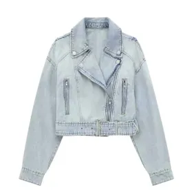 Denim Lapel Long Sleeve Belt Short Jacket