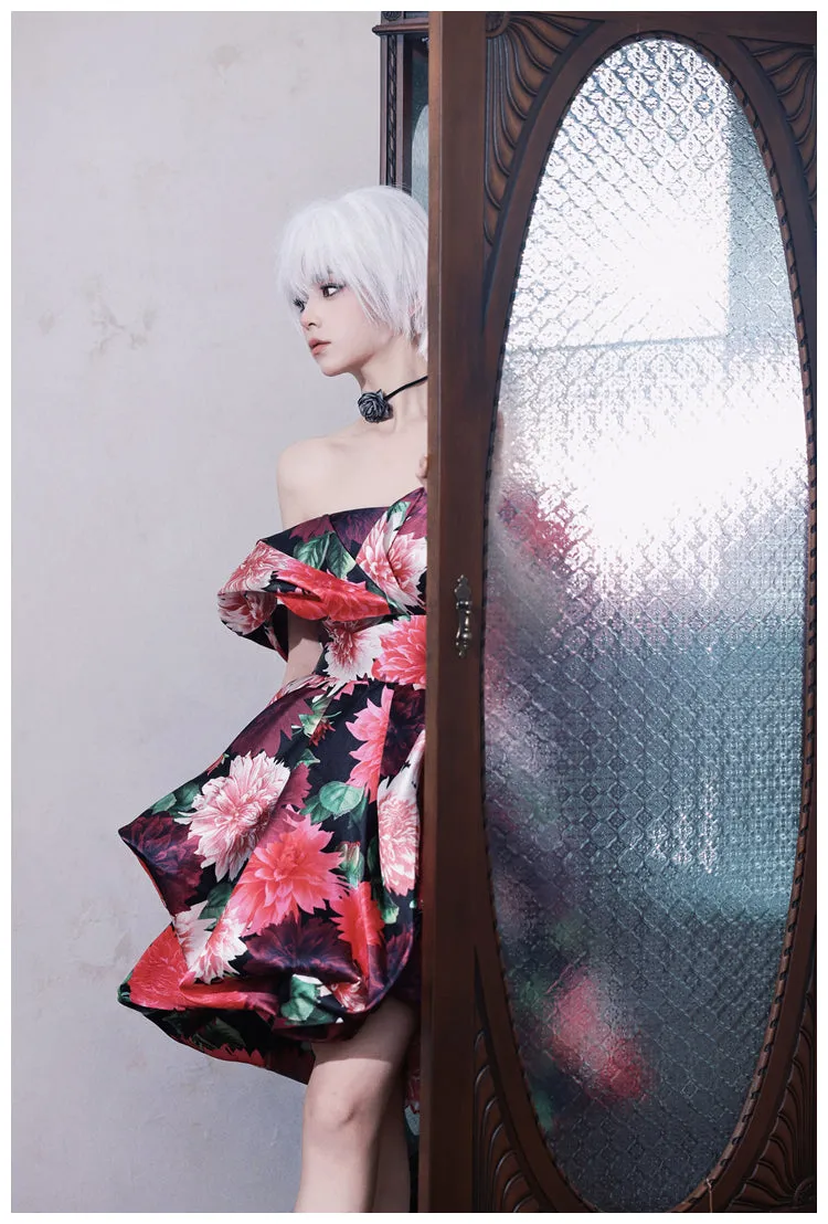 DOLLY Elegant Off Shoulder Flower Print fold bubble Dress-CINDY