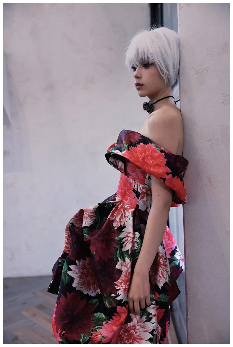 DOLLY Elegant Off Shoulder Flower Print fold bubble Dress-CINDY