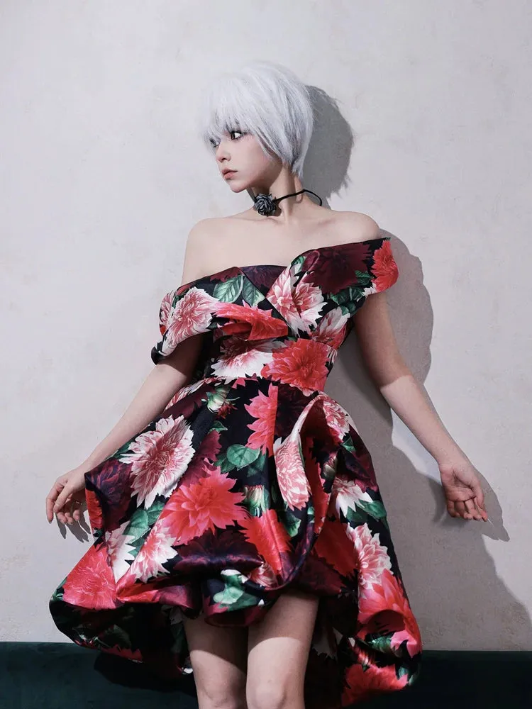 DOLLY Elegant Off Shoulder Flower Print fold bubble Dress-CINDY