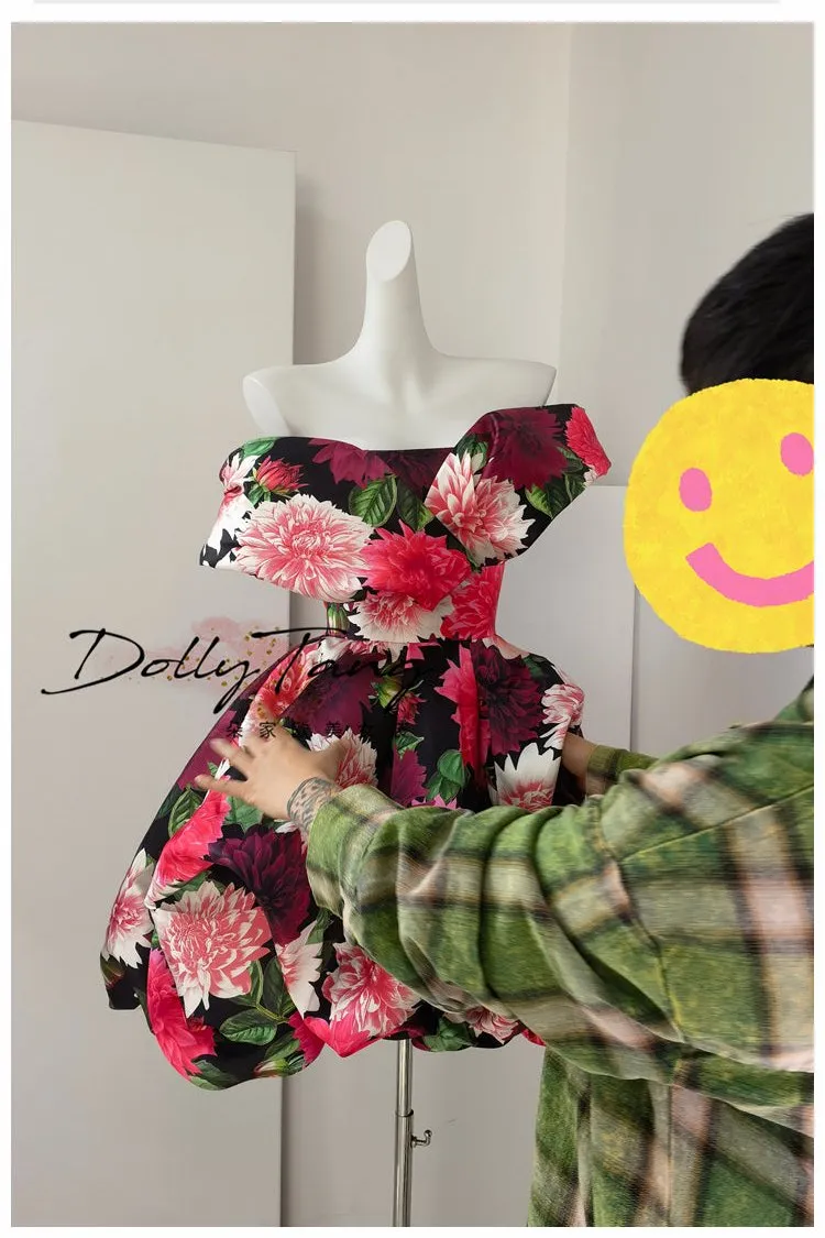 DOLLY Elegant Off Shoulder Flower Print fold bubble Dress-CINDY