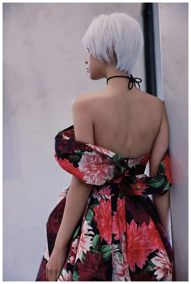 DOLLY Elegant Off Shoulder Flower Print fold bubble Dress-CINDY