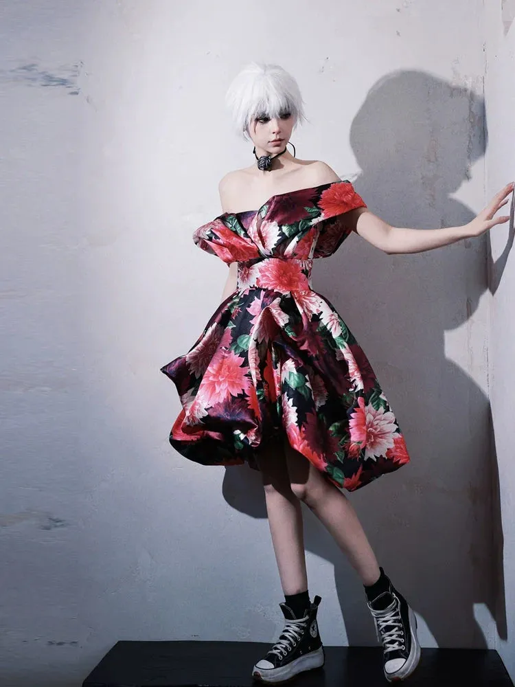 DOLLY Elegant Off Shoulder Flower Print fold bubble Dress-CINDY