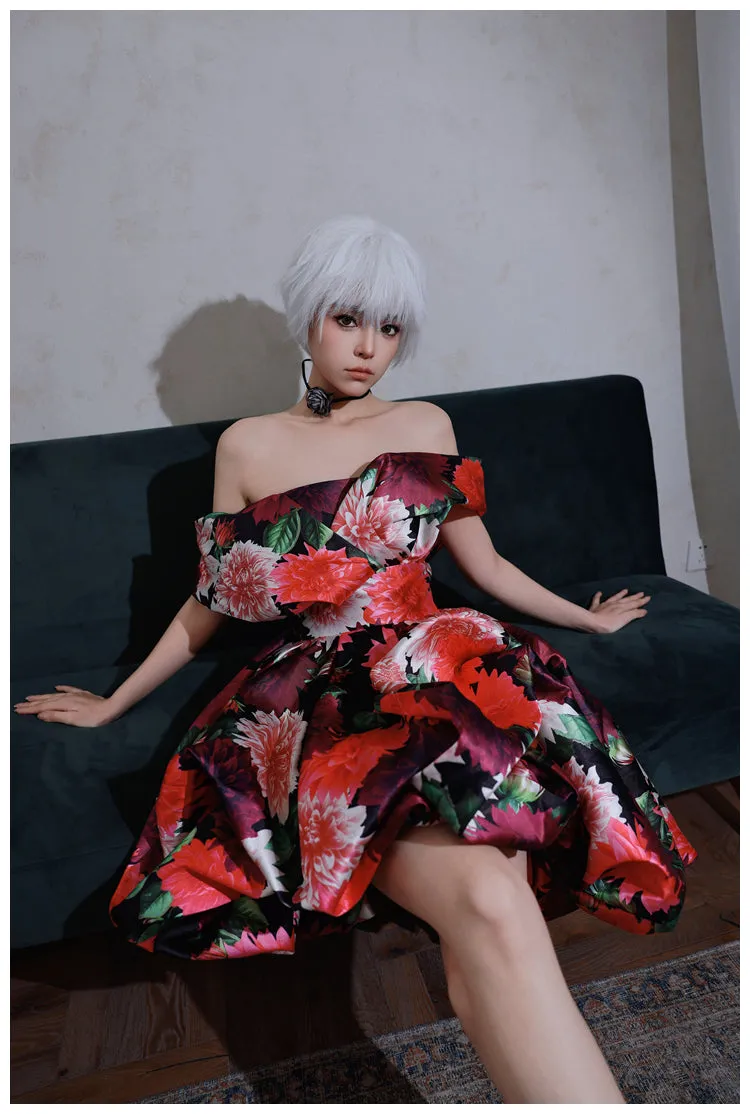 DOLLY Elegant Off Shoulder Flower Print fold bubble Dress-CINDY