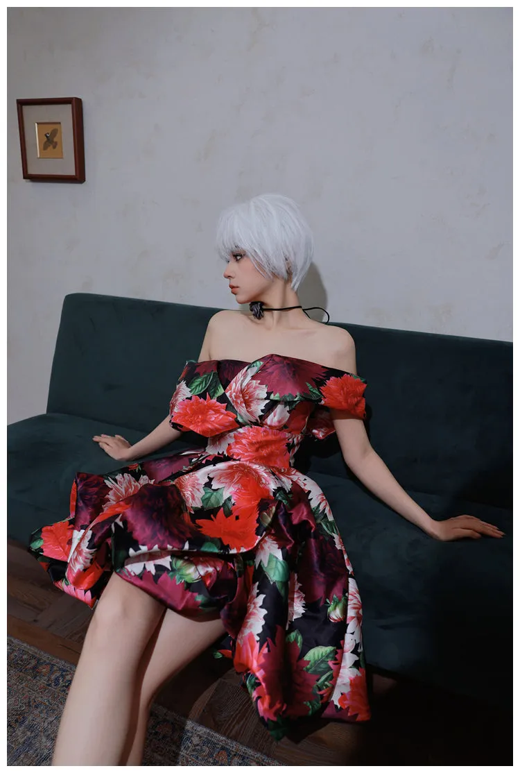 DOLLY Elegant Off Shoulder Flower Print fold bubble Dress-CINDY