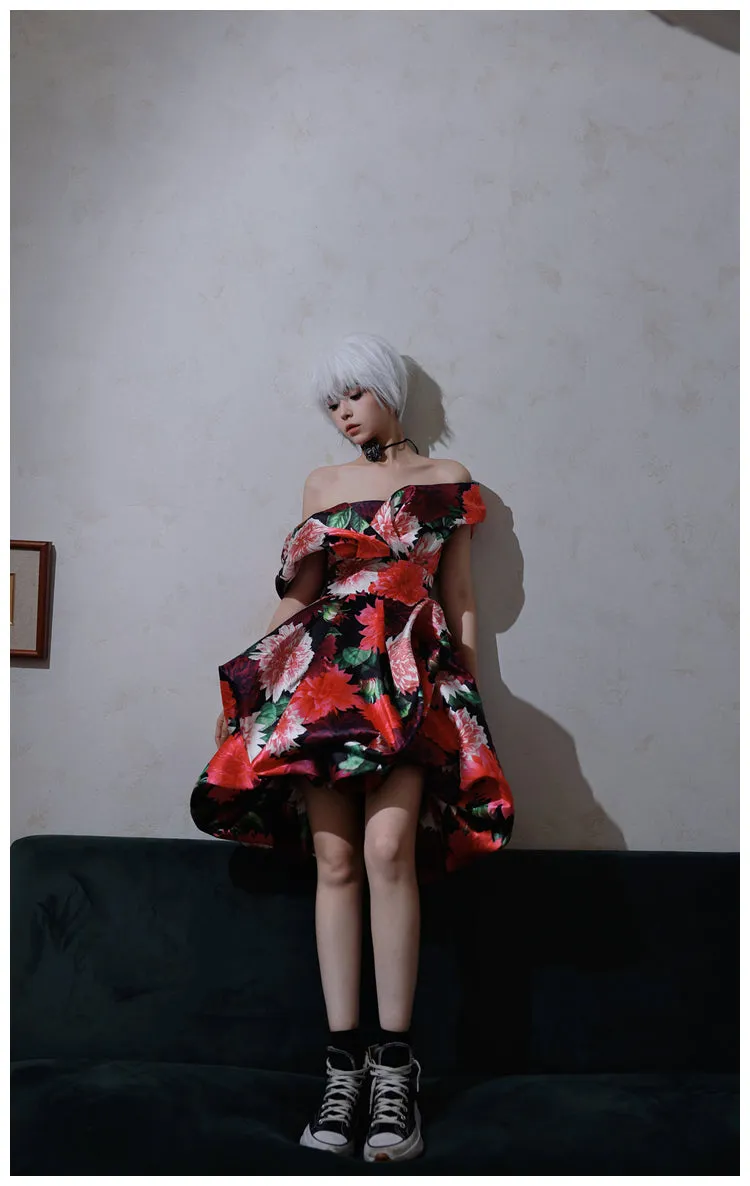 DOLLY Elegant Off Shoulder Flower Print fold bubble Dress-CINDY