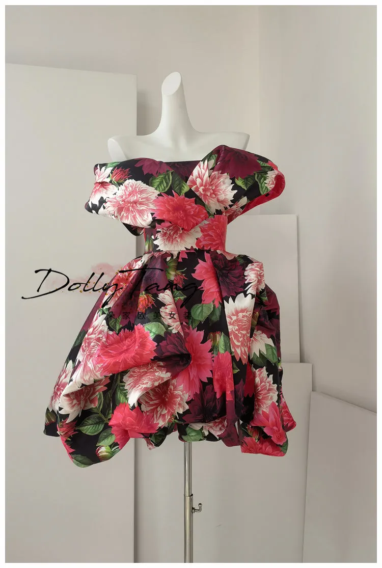 DOLLY Elegant Off Shoulder Flower Print fold bubble Dress-CINDY