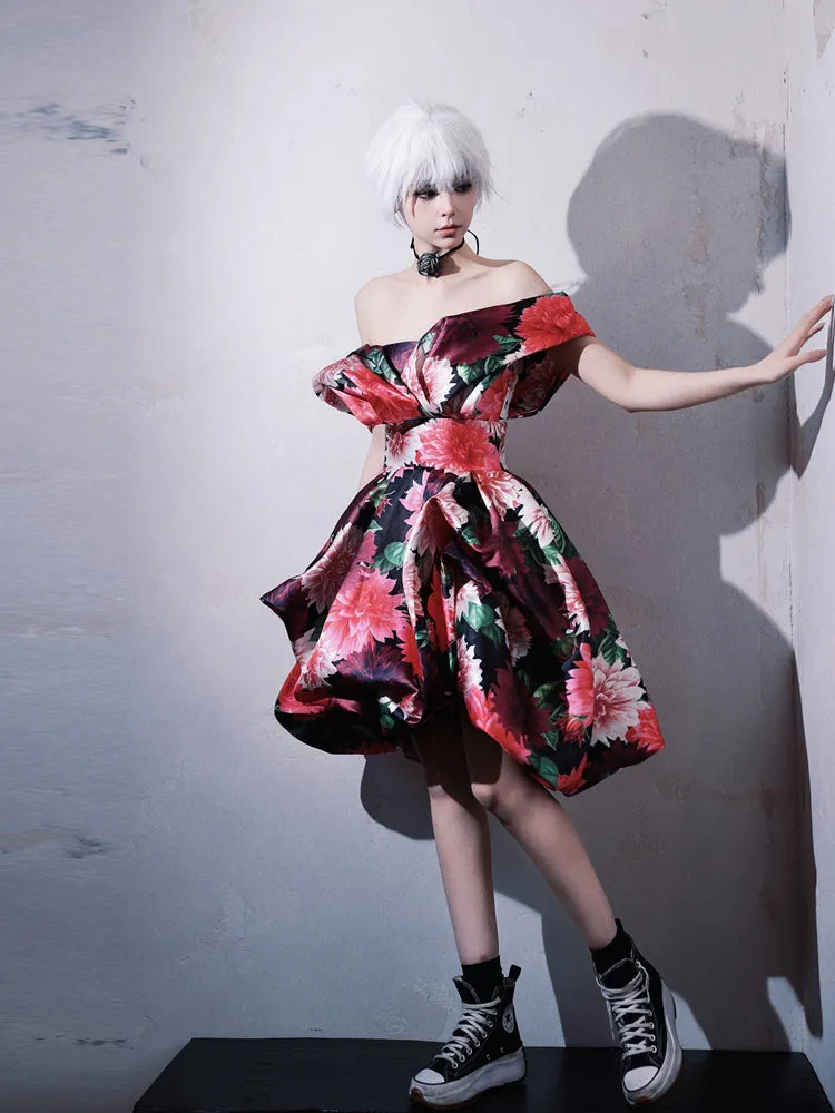 DOLLY Elegant Off Shoulder Flower Print fold bubble Dress-CINDY