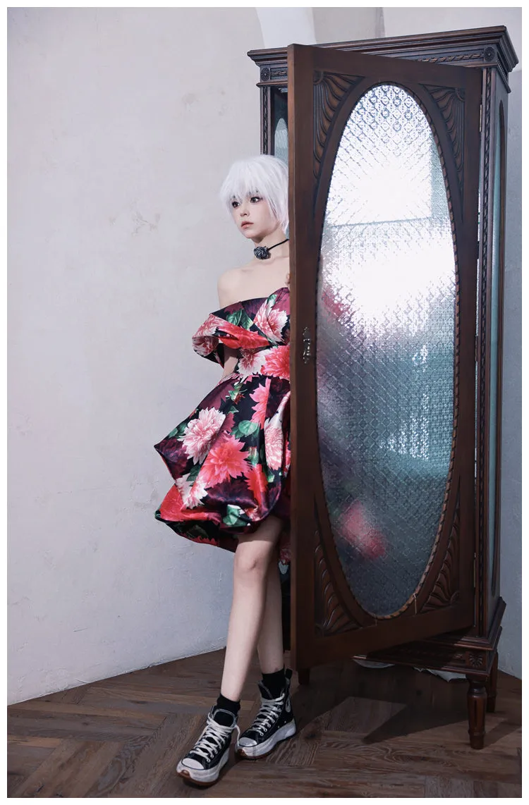 DOLLY Elegant Off Shoulder Flower Print fold bubble Dress-CINDY