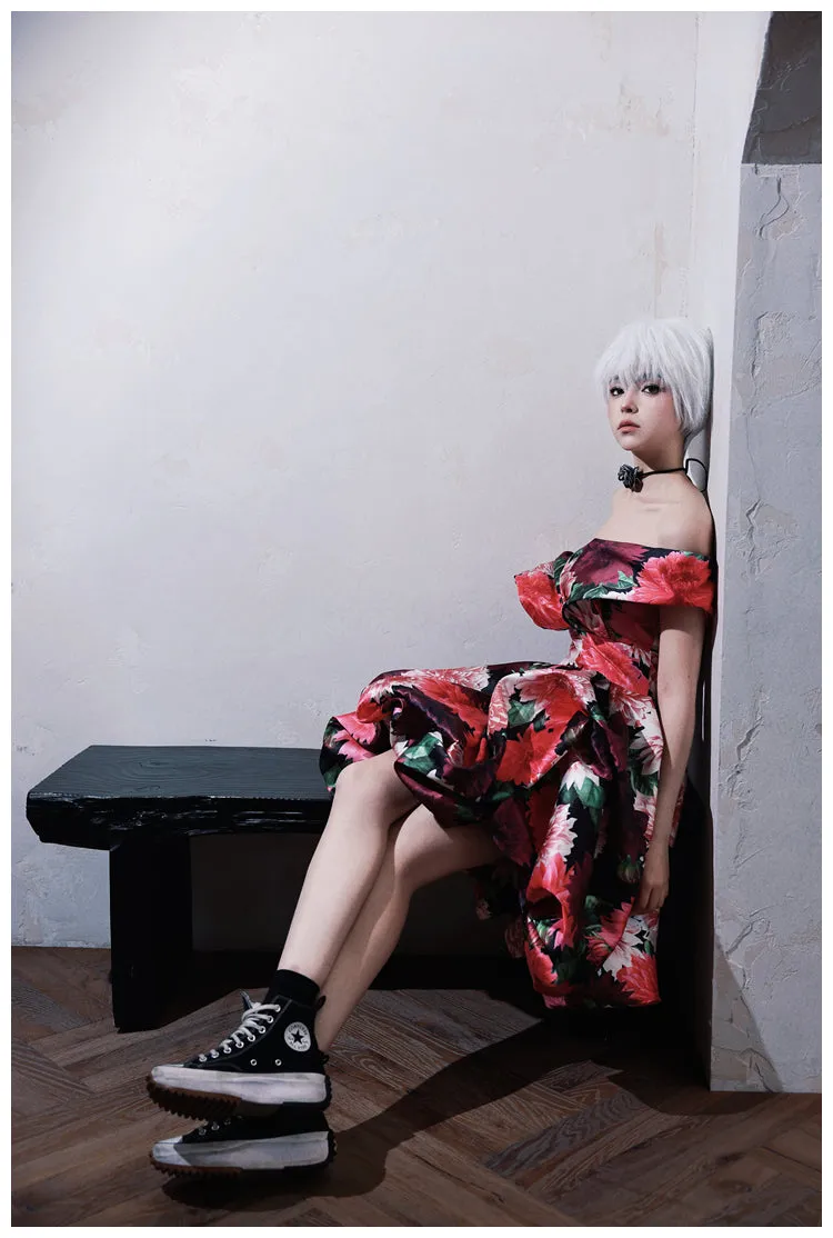 DOLLY Elegant Off Shoulder Flower Print fold bubble Dress-CINDY