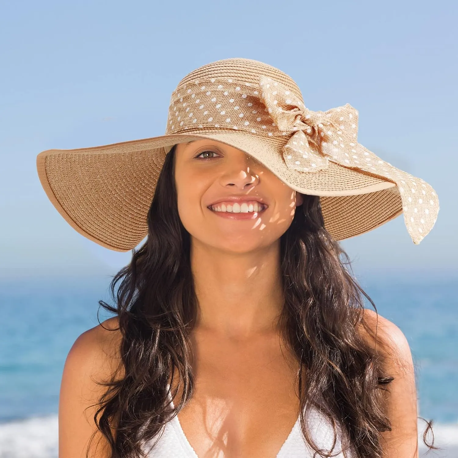 DRESHOW Beach Hats for Women Big Straw Wide Brim Summer Hat Floppy Foldable Roll up Cap Sun Hat UPF 50 