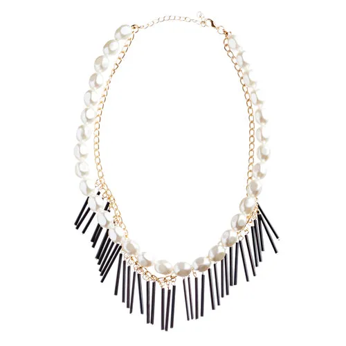 Elegance Fashion Faux Pearl Multi Layered Chain Necklace And Earrings JN262Black