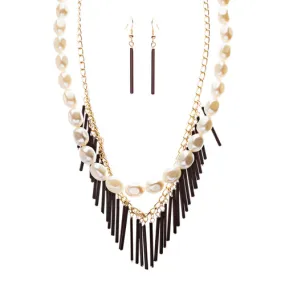 Elegance Fashion Faux Pearl Multi Layered Chain Necklace And Earrings JN262Black