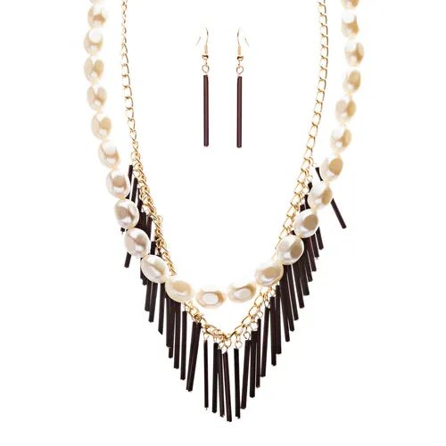 Elegance Fashion Faux Pearl Multi Layered Chain Necklace And Earrings JN262Black