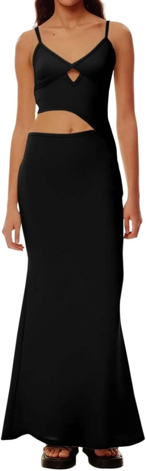 Elegant Women's Deep V Neck Hollow Out Asymmetrical Color Block Dress  Stylish Sleeveless Casual Dress for