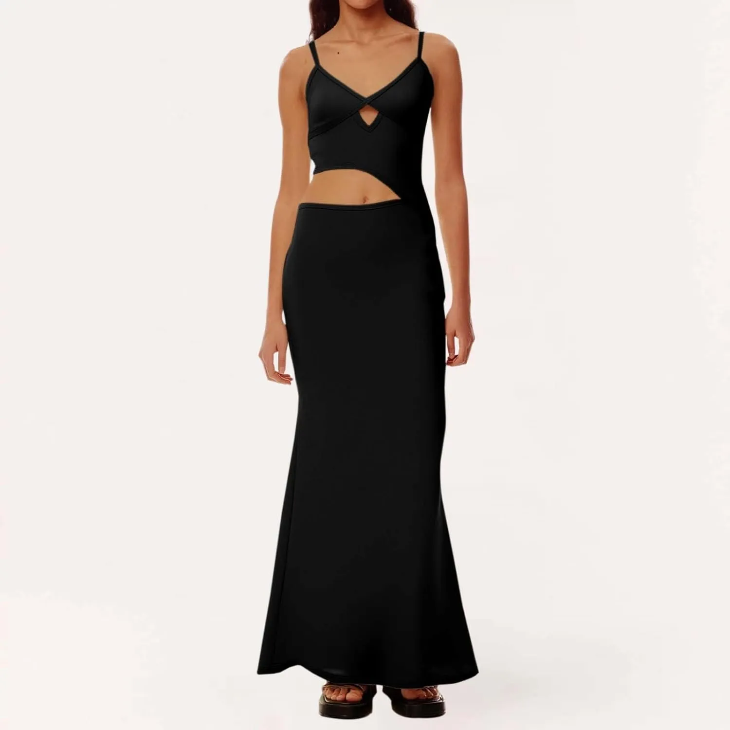 Elegant Women's Deep V Neck Hollow Out Asymmetrical Color Block Dress  Stylish Sleeveless Casual Dress for
