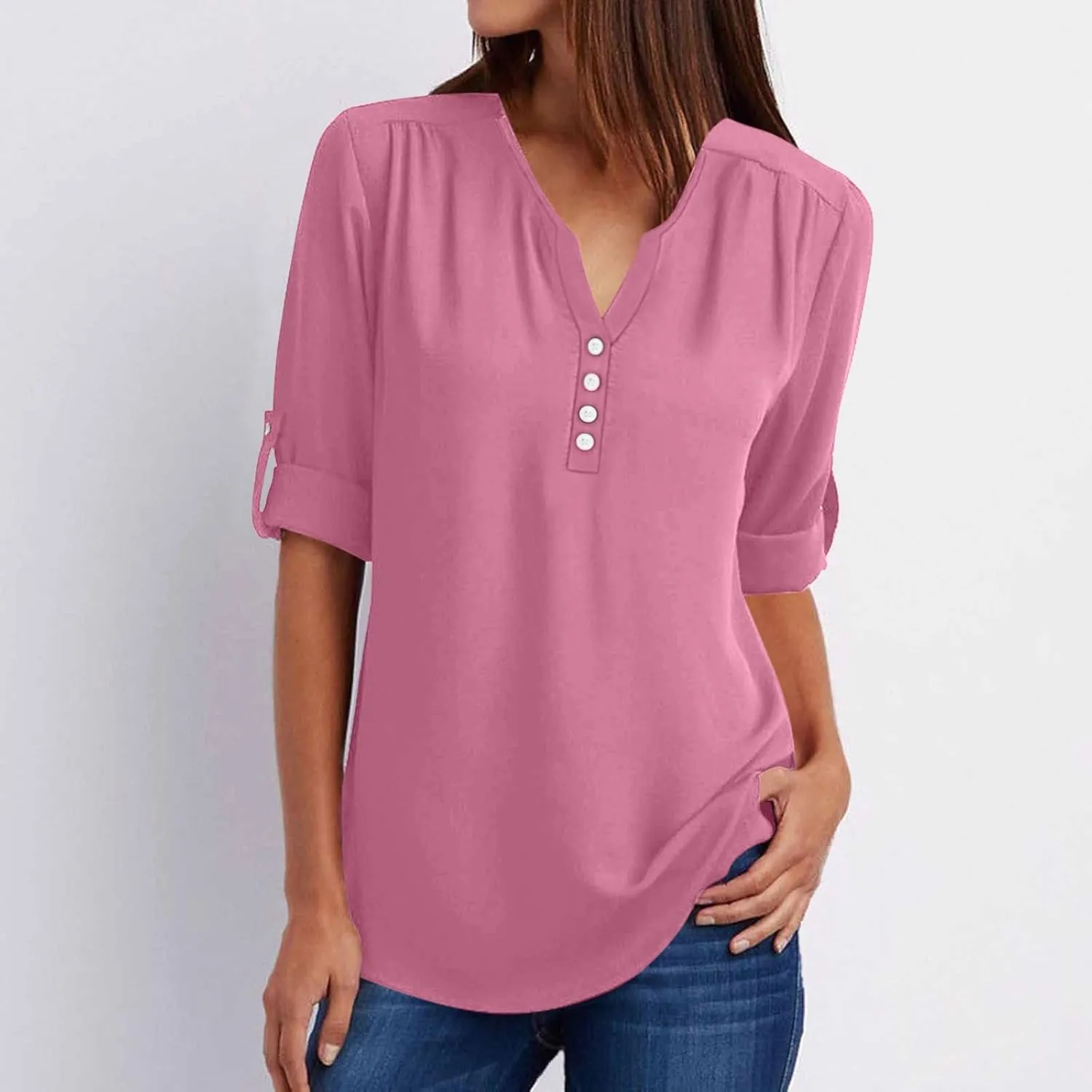 Fall Tops for Women 2024 Rolled Up Long Sleeve V Neck Button Down T Shirts Business Casual Work Chiffon Tunic Blouse