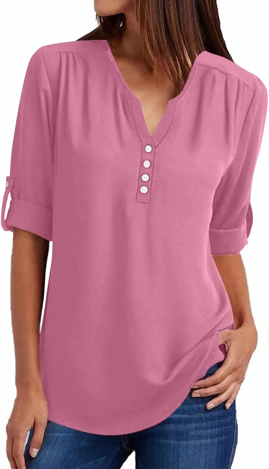 Fall Tops for Women 2024 Rolled Up Long Sleeve V Neck Button Down T Shirts Business Casual Work Chiffon Tunic Blouse