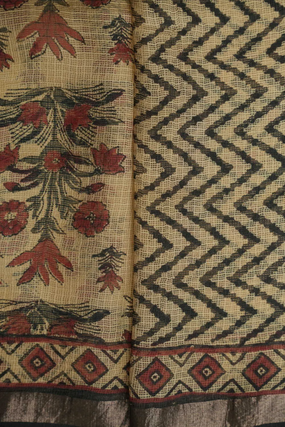 Flower Dust on Beige Block Printed Kota Silk saree