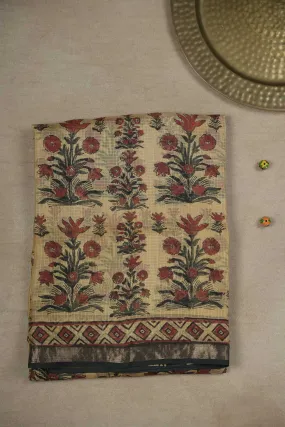 Flower Dust on Beige Block Printed Kota Silk saree