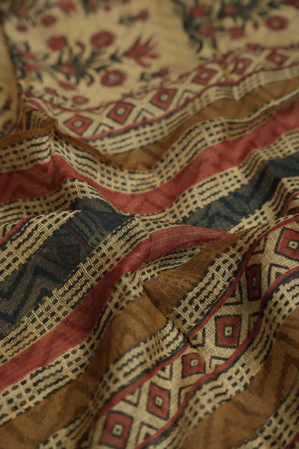 Flower Dust on Beige Block Printed Kota Silk saree