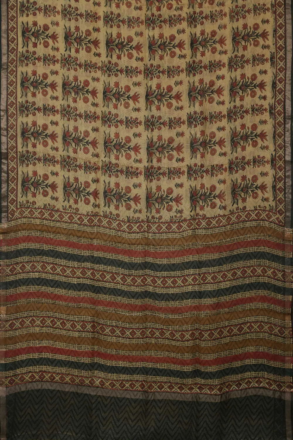 Flower Dust on Beige Block Printed Kota Silk saree