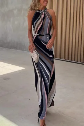Flowing Elegance Colored Lines Printed Belt Halter Maxi Dress