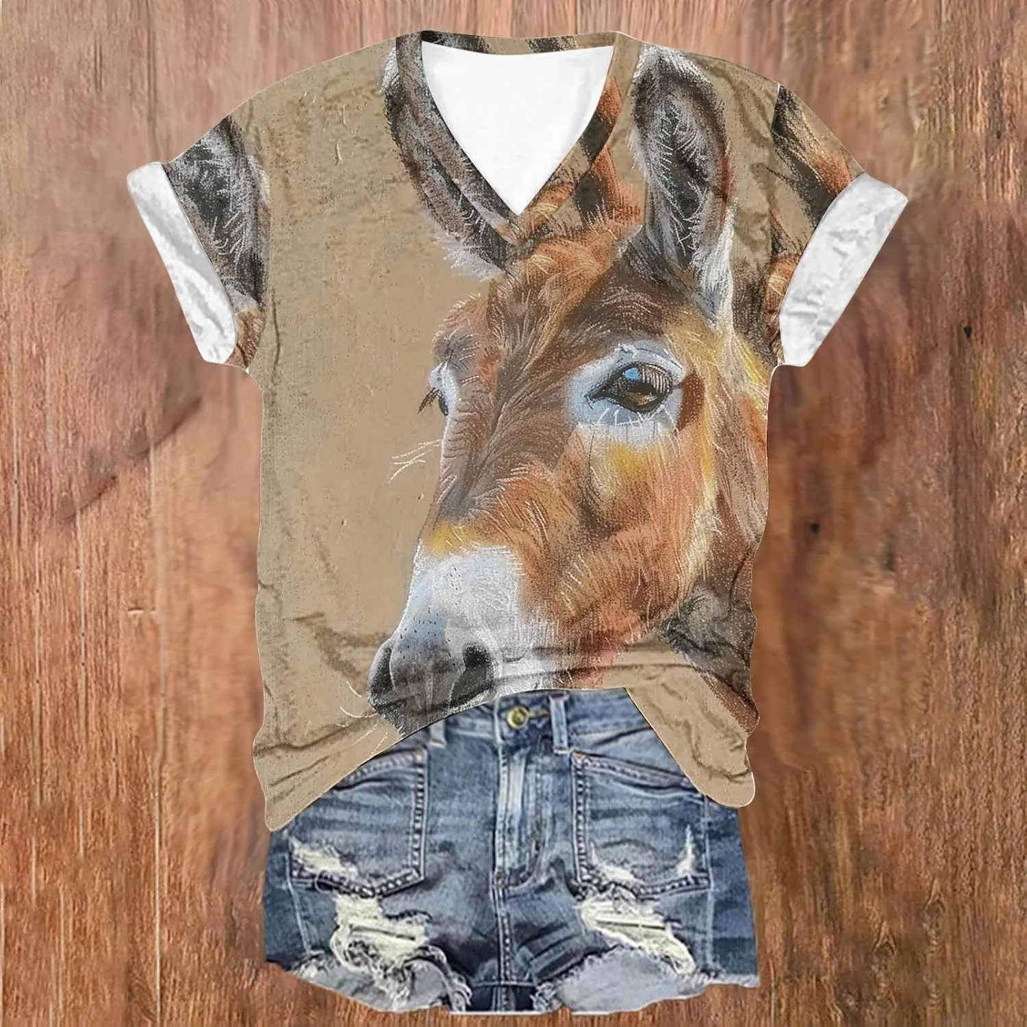 Funny Donkey Animal Graphic Tee Shirt for Women Cute Tops 2024 Summer Plus Size V Neck Short Sleeve Boyfriend Shirt