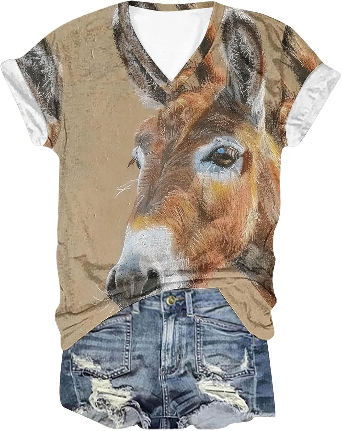 Funny Donkey Animal Graphic Tee Shirt for Women Cute Tops 2024 Summer Plus Size V Neck Short Sleeve Boyfriend Shirt