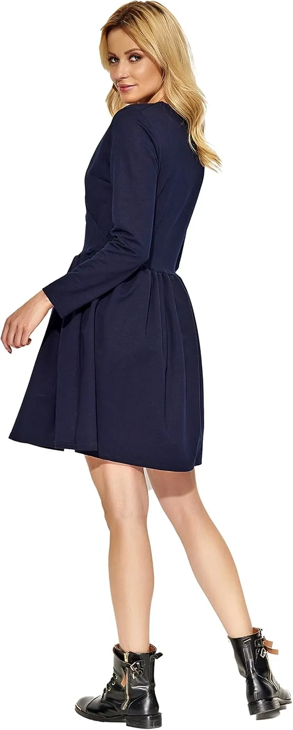 FUTURO FASHION Women V-Neck Wrap Midi Plain Long Sleeve Ladies Modern Skater Dress FA574