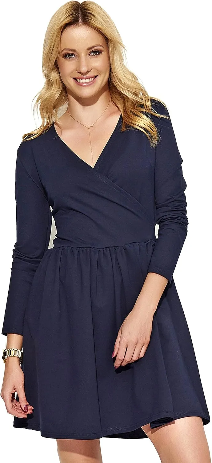 FUTURO FASHION Women V-Neck Wrap Midi Plain Long Sleeve Ladies Modern Skater Dress FA574
