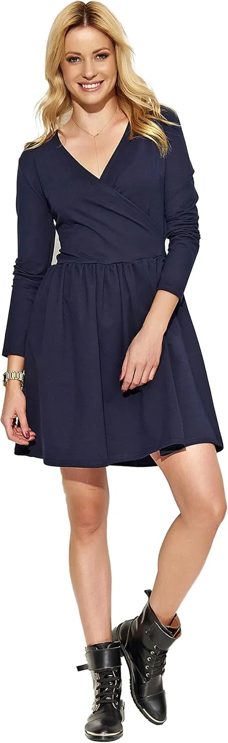 FUTURO FASHION Women V-Neck Wrap Midi Plain Long Sleeve Ladies Modern Skater Dress FA574