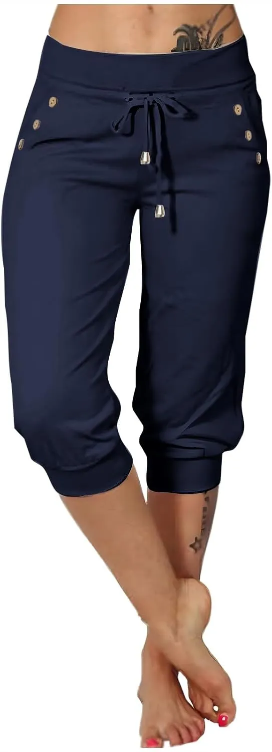 FZVYD Capri Leggings for Women Soft High Waist Capris Elastic Drawstring Crop Sweatpants Workout Running Pants with Pockets