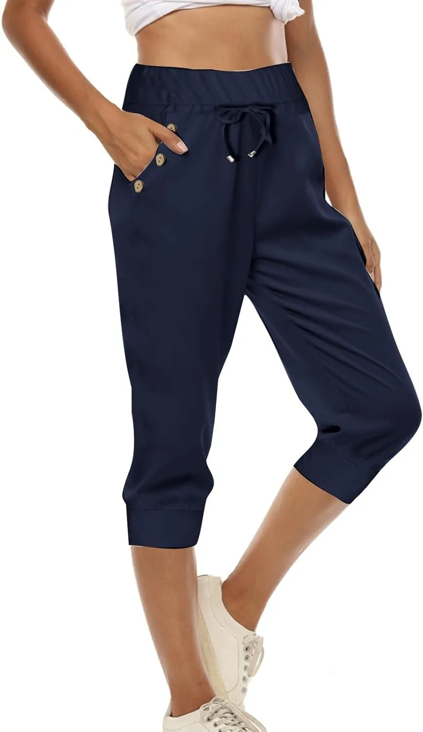 FZVYD Capri Leggings for Women Soft High Waist Capris Elastic Drawstring Crop Sweatpants Workout Running Pants with Pockets