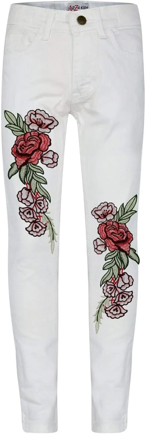 Girls Jeans Stretchy Roses Embroidered Denim Pants - Girls Jeans JN26 White 5-6