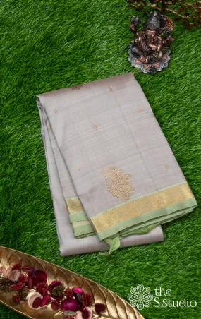 Grey kanchipuram silk saree with green border